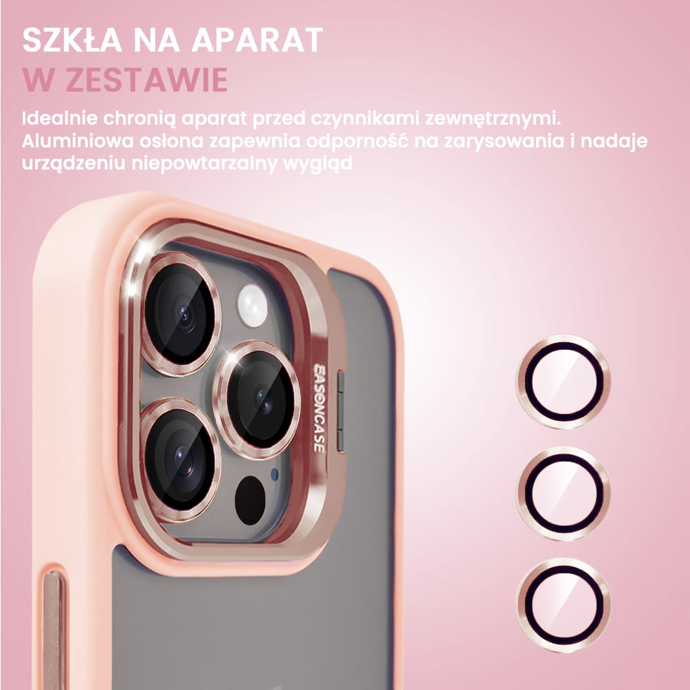 Etui do iPhone 15 Pro Max cienkie przeźroczyste, 3w1 z podstawką i osłoną aparatu, różowe