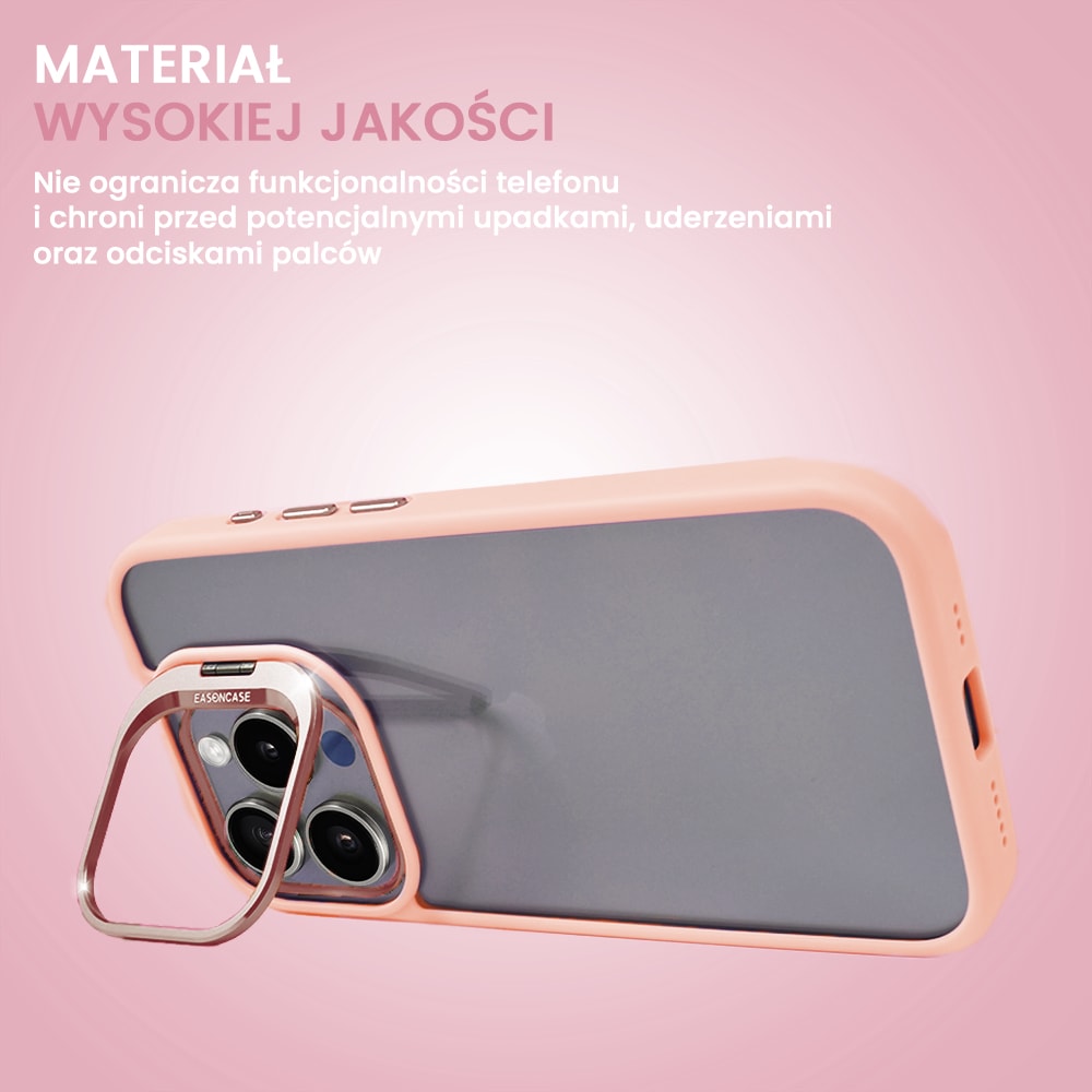Etui do iPhone 15 Pro Max cienkie przeźroczyste, 3w1 z podstawką i osłoną aparatu, różowe