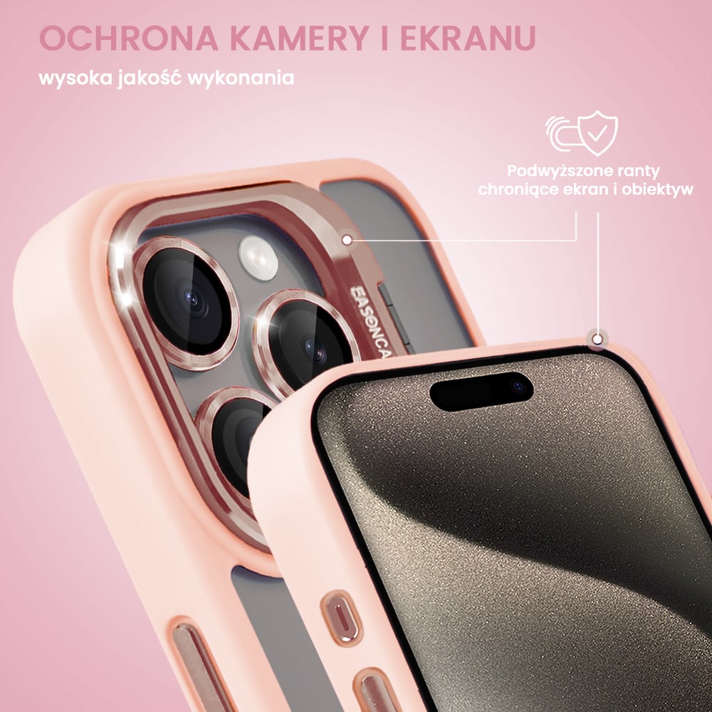 Etui do iPhone 15 Pro Max cienkie przeźroczyste, 3w1 z podstawką i osłoną aparatu, różowe