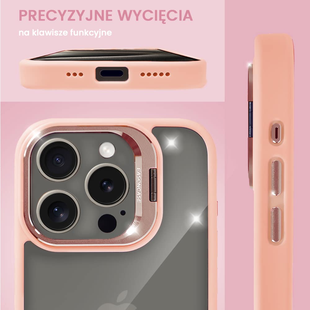 Etui do iPhone 15 Pro Max cienkie przeźroczyste, 3w1 z podstawką i osłoną aparatu, różowe