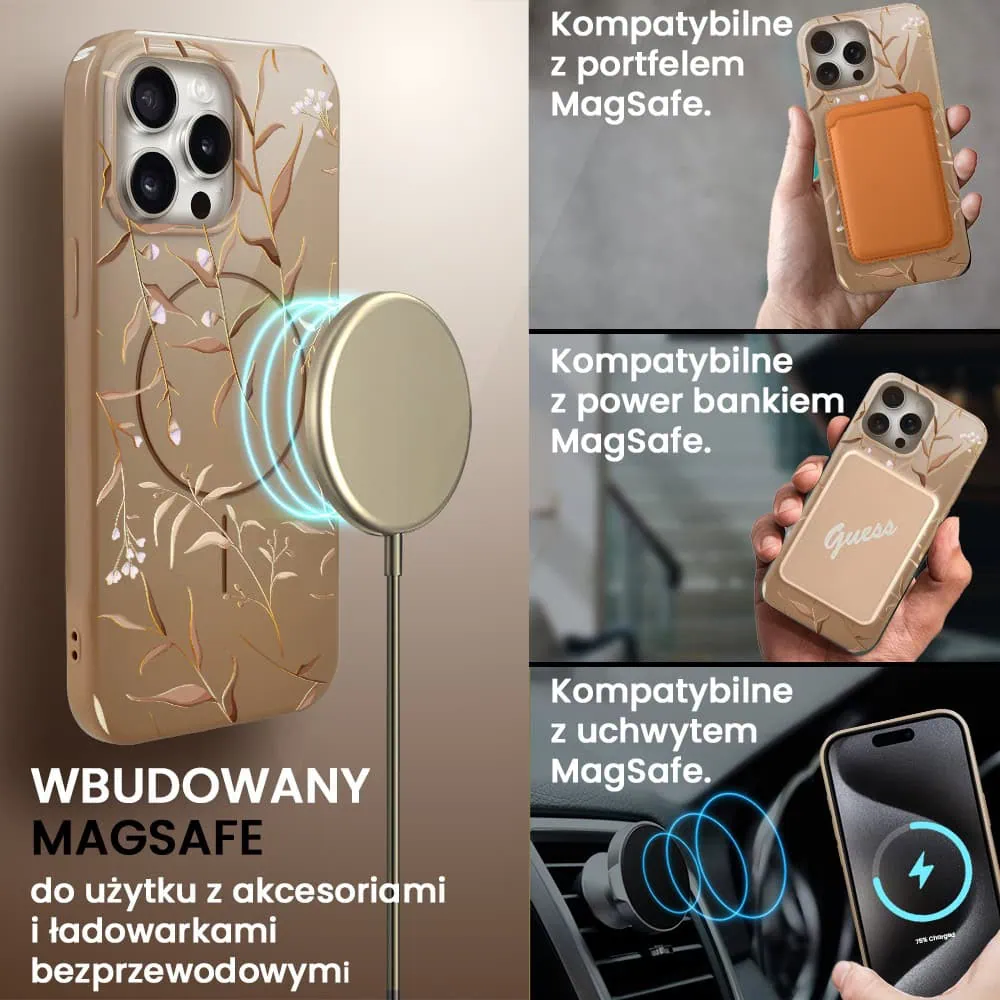 Etui do iPhone 15 Pro Max, elastyczne, z MagSafe, Złocisty Ogród, beżowe