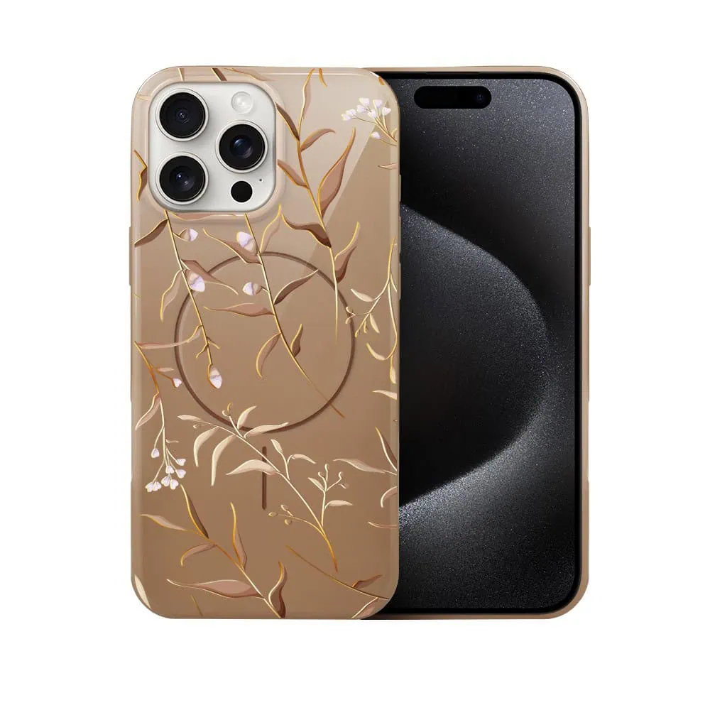 Etui do iPhone 15 Pro Max, elastyczne, z MagSafe, Złocisty Ogród, beżowe