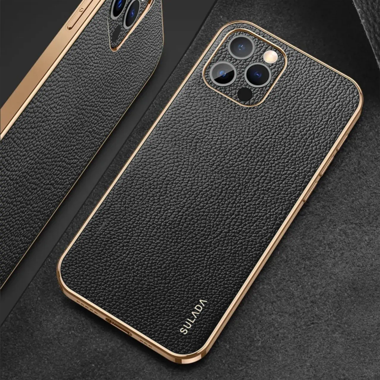 Etui do iPhone 15 Pro eleganckie luksusowe skórzane, z osłoną kamery, czarne ze złotem