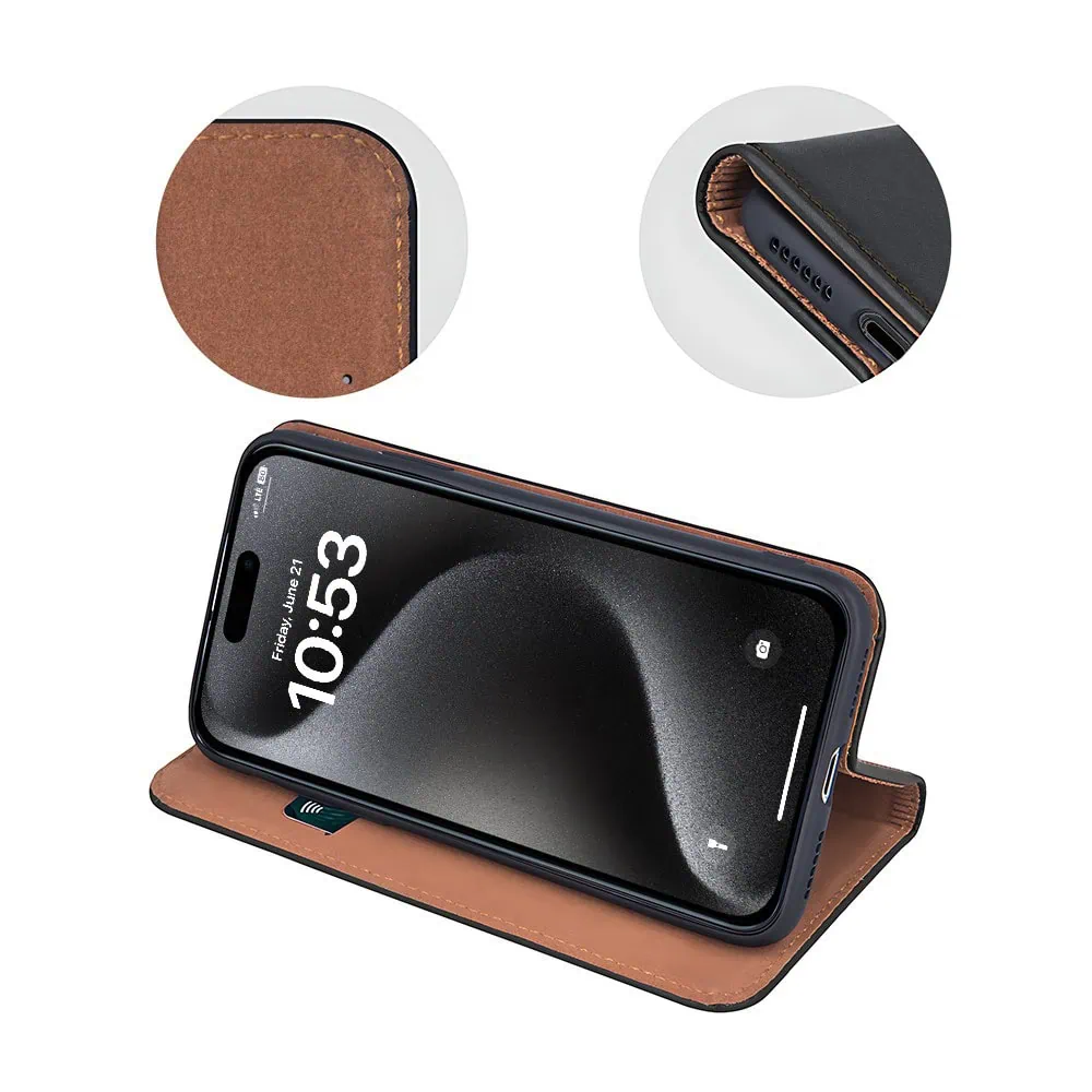 Etui do iPhone 15 Pro Max eleganckie skórzane, czarne