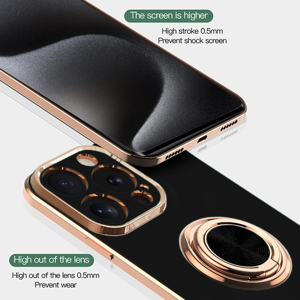 Etui do iPhone 15 Pro Max eleganckie, ze złotym, metalowym uchwytem i zdobieniami, osłona na aparat, czarne
