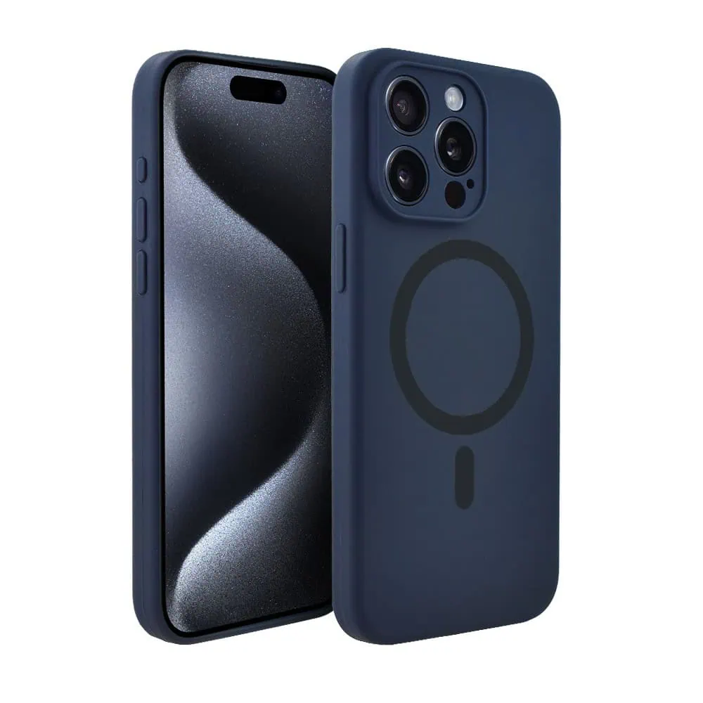 Etui do iPhone 15 Pro Max, silikonowe z MagSafe, mikrofibra soft touch z osłoną na aparat, granatowe