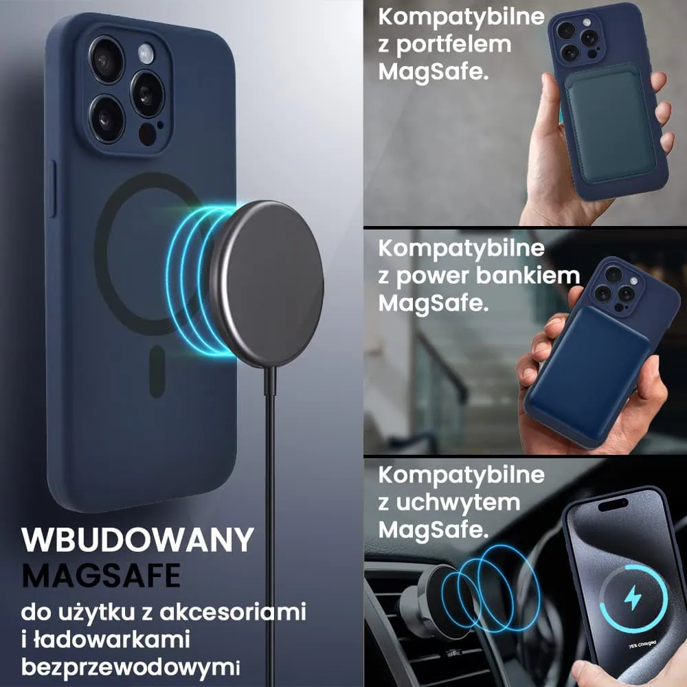 Etui do iPhone 15 Pro Max, silikonowe z MagSafe, mikrofibra soft touch z osłoną na aparat, granatowe