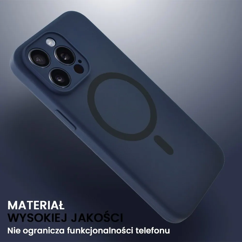 Etui do iPhone 15 Pro Max, silikonowe z MagSafe, mikrofibra soft touch z osłoną na aparat, granatowe