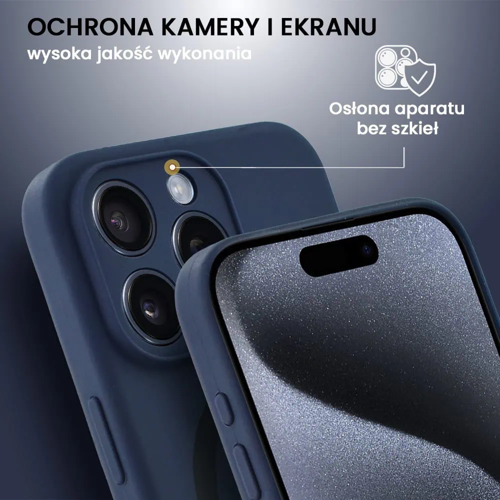 Etui do iPhone 15 Pro Max, silikonowe z MagSafe, mikrofibra soft touch z osłoną na aparat, granatowe