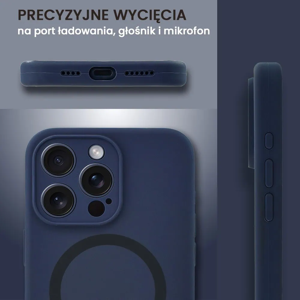 Etui do iPhone 15 Pro Max, silikonowe z MagSafe, mikrofibra soft touch z osłoną na aparat, granatowe