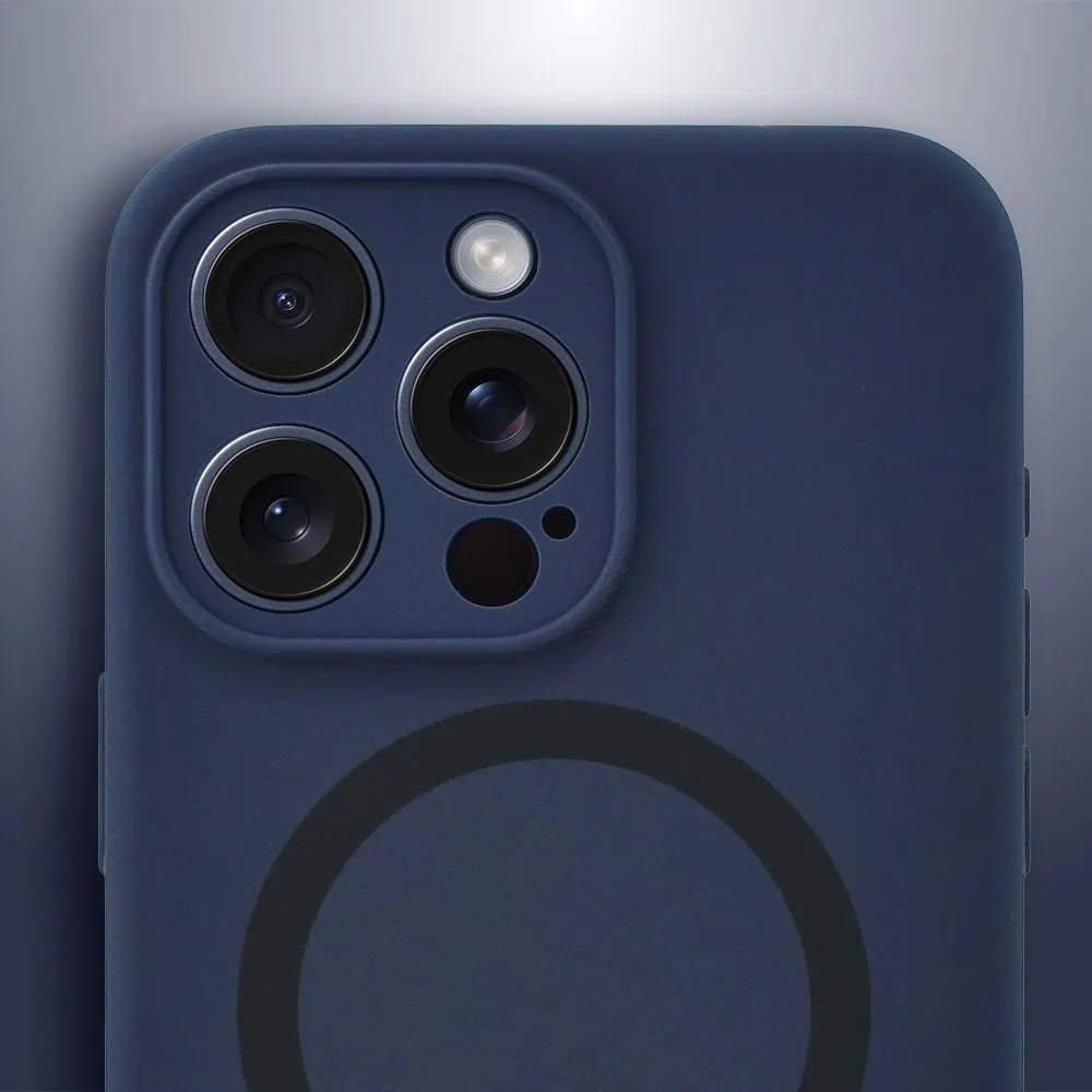 Etui do iPhone 15 Pro Max, silikonowe z MagSafe, mikrofibra soft touch z osłoną na aparat, granatowe