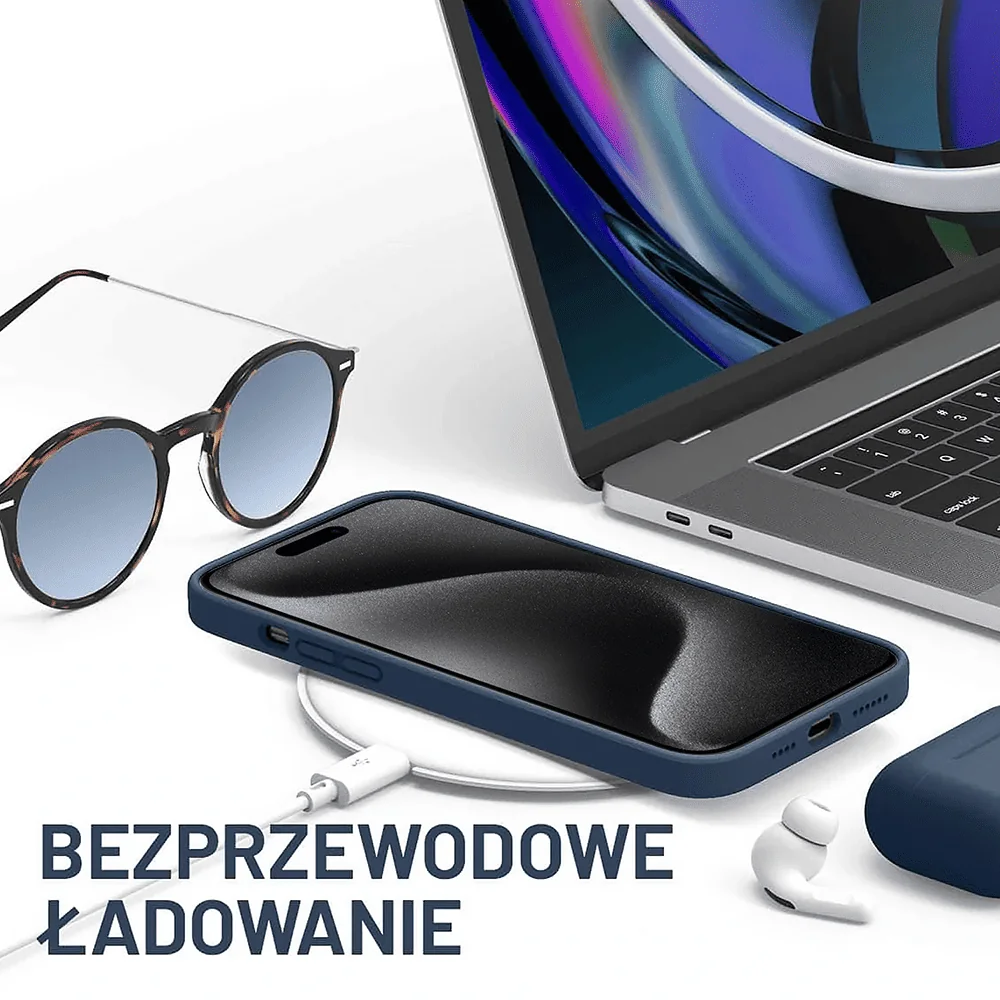 Etui do iPhone 15 Pro silikonowe z mikrofibrą soft touch, granatowe