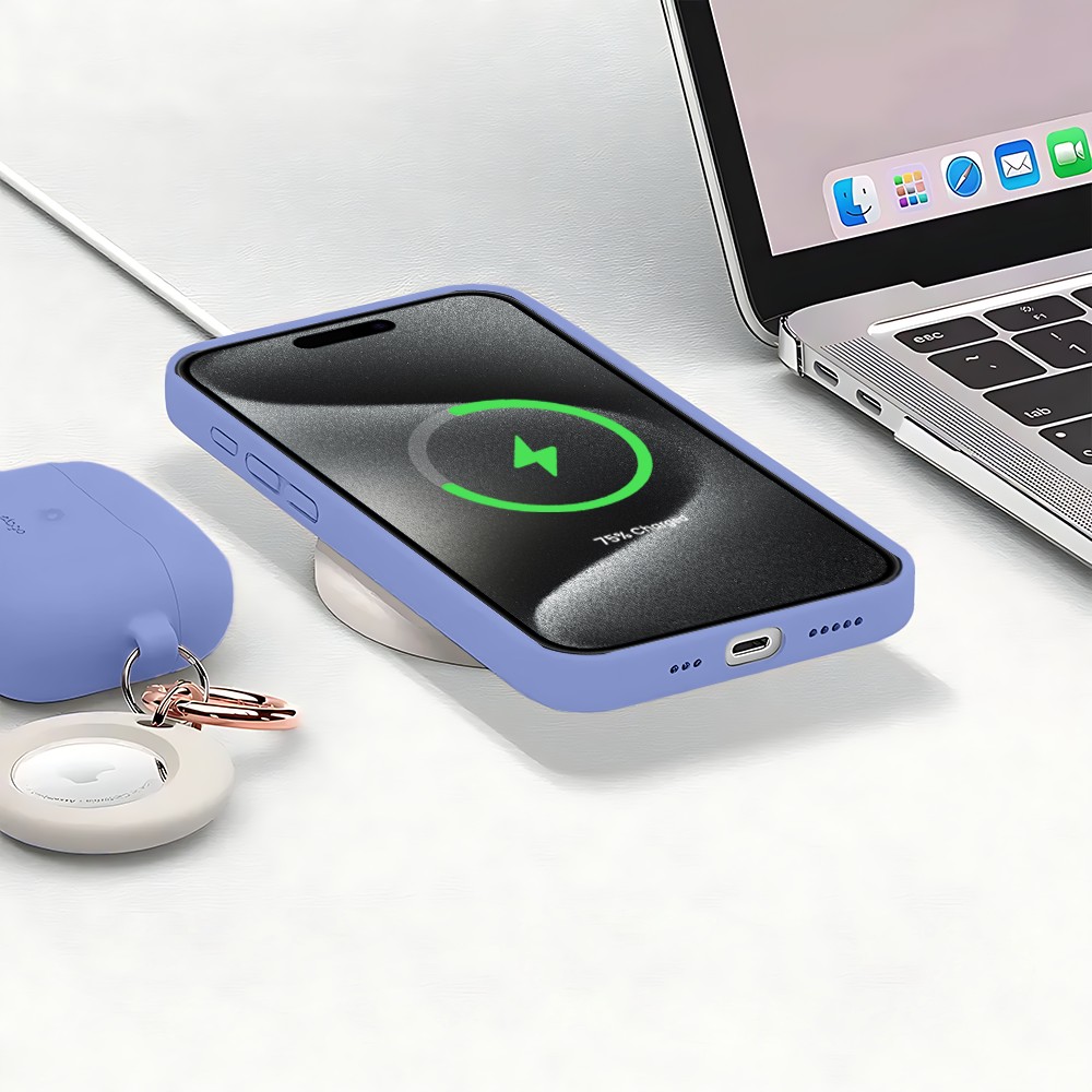Etui do iPhone 15 Pro Max silikonowe z mikrofibrą soft touch z osłoną na aparat, fioletowe liliowe