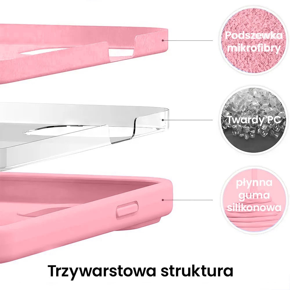 Etui do iPhone 15 Pro Max silikonowe z mikrofibrą soft touch z osłoną na aparat, jasny róż