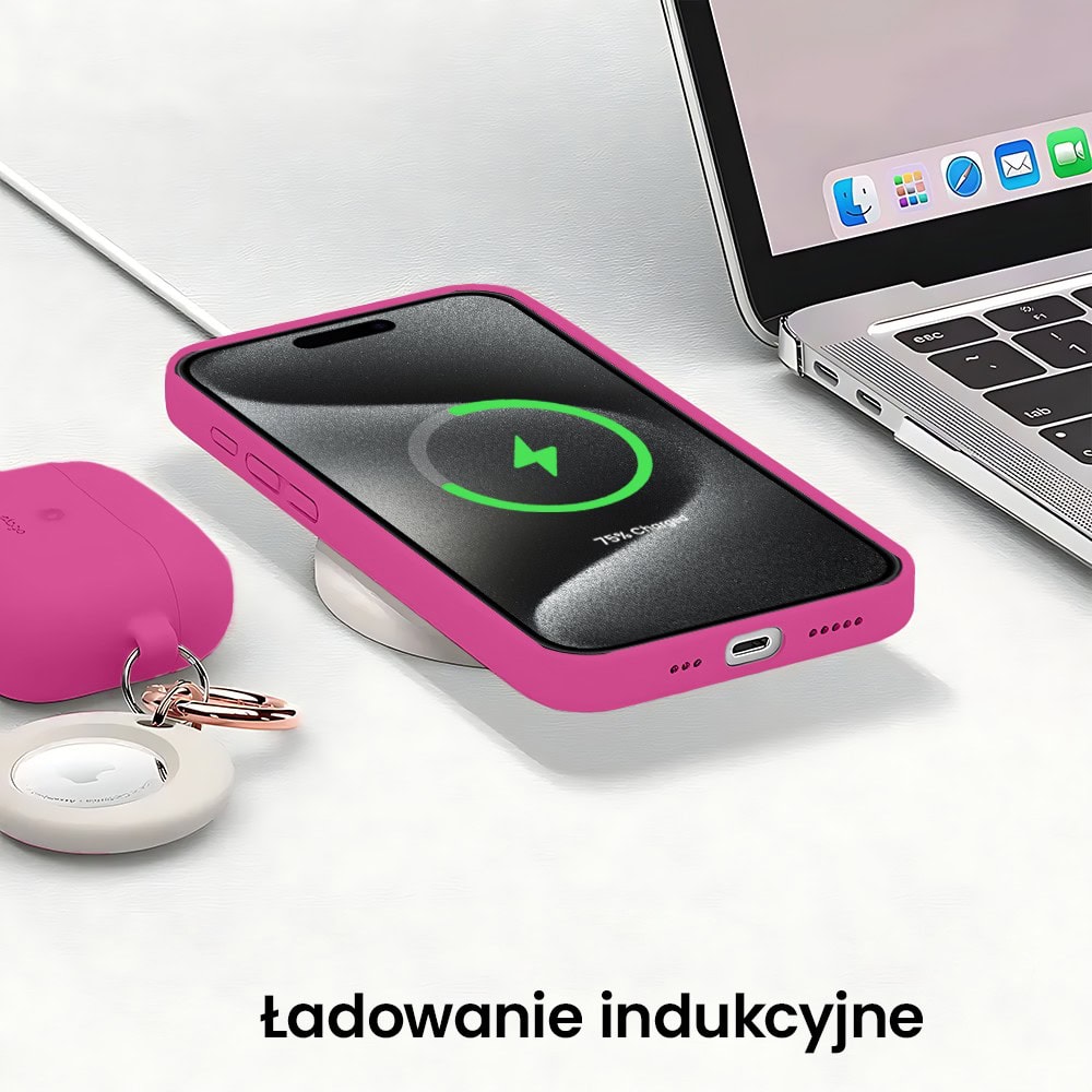 Etui do iPhone 15 Pro silikonowe z mikrofibrą soft touch z osłoną na aparat, malinowe
