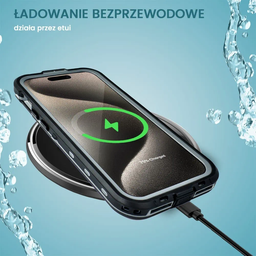 Etui do iPhone 15 Pro wodoodporne z MagSafe, pancerne, przeźroczyste, czarne