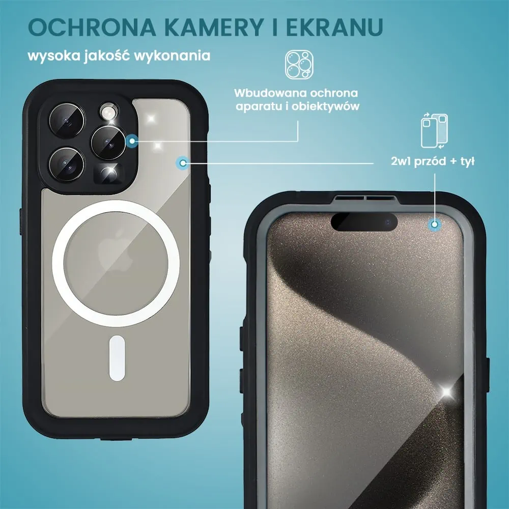 Etui do iPhone 15 Pro wodoodporne z MagSafe, pancerne, przeźroczyste, czarne