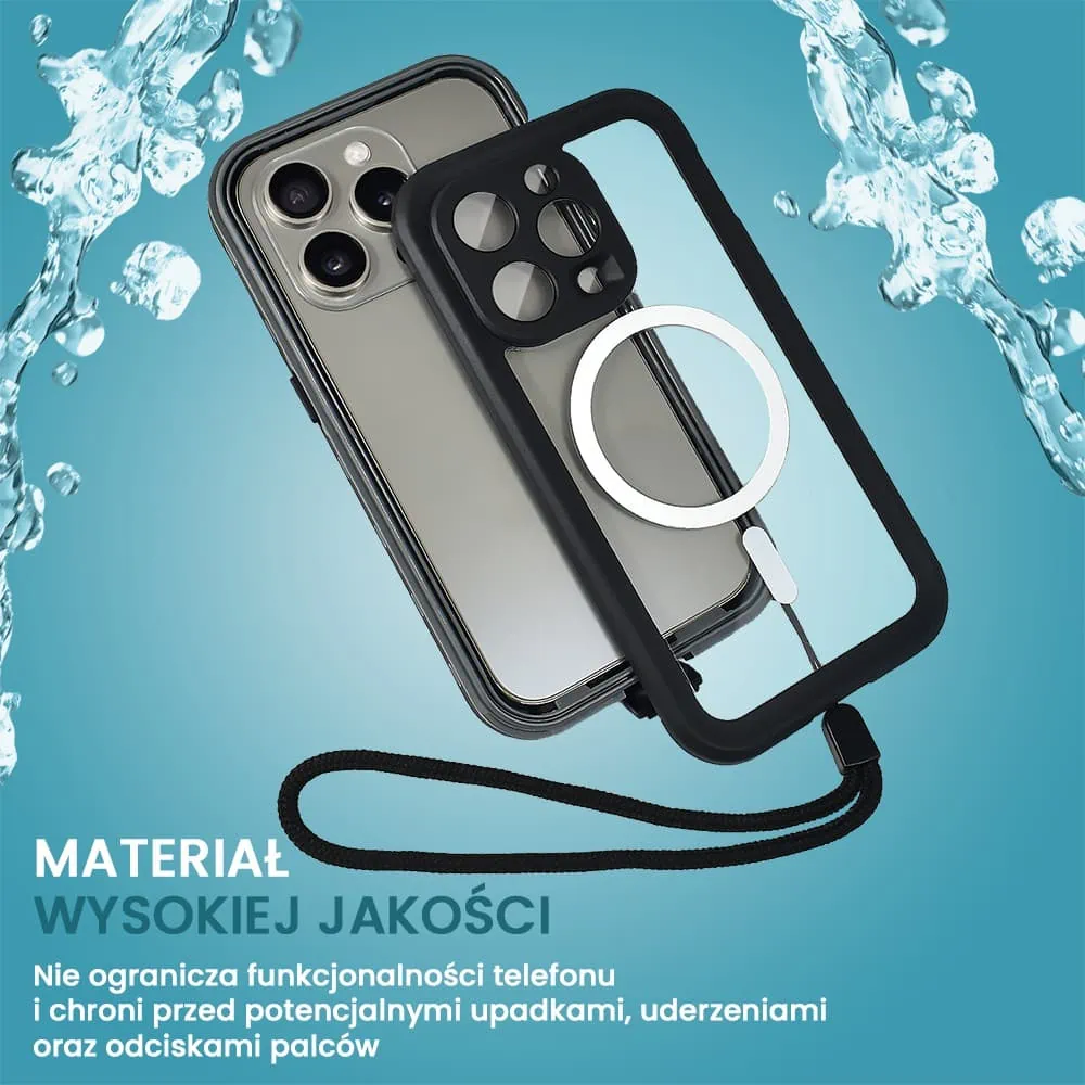 etui do iphone 15 pro max wodoodporne z magsafe, pancerne, przeźroczyste, czarne