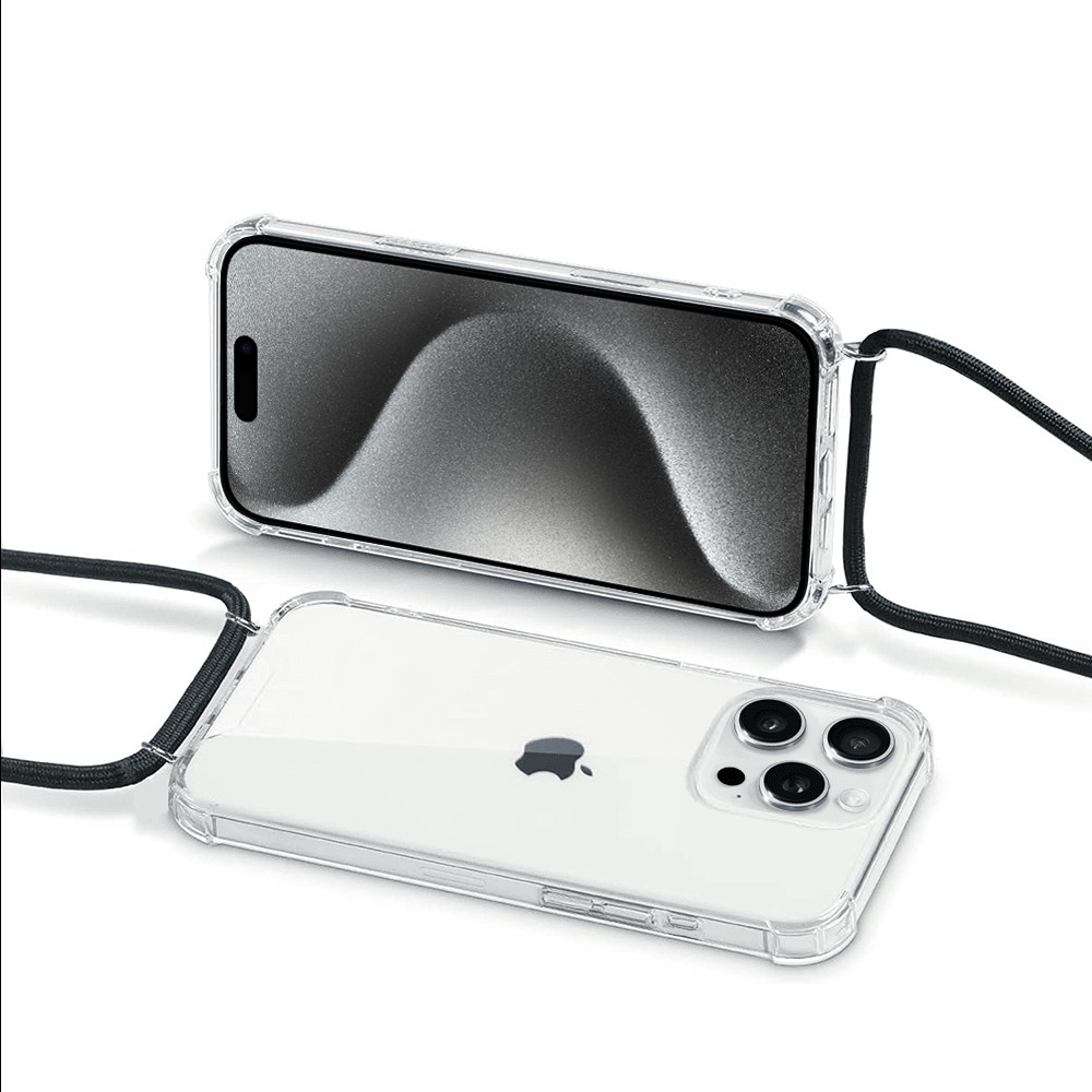 Etui do iPhone 15 Pro wzmacniane crossbody z czarną smyczą jak torebka, przeźroczyste