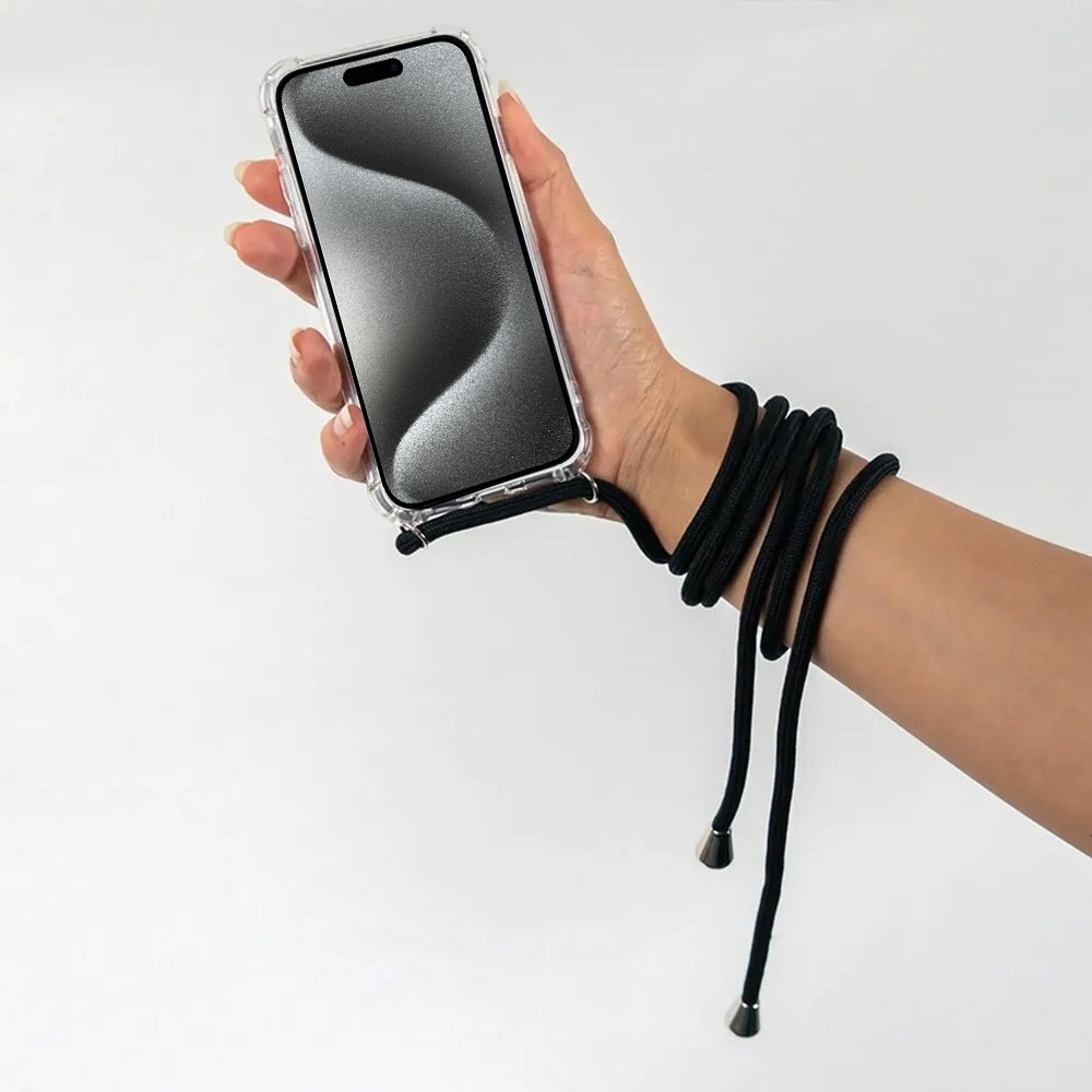 Etui do iPhone 15 Pro wzmacniane crossbody z czarną smyczą jak torebka, przeźroczyste