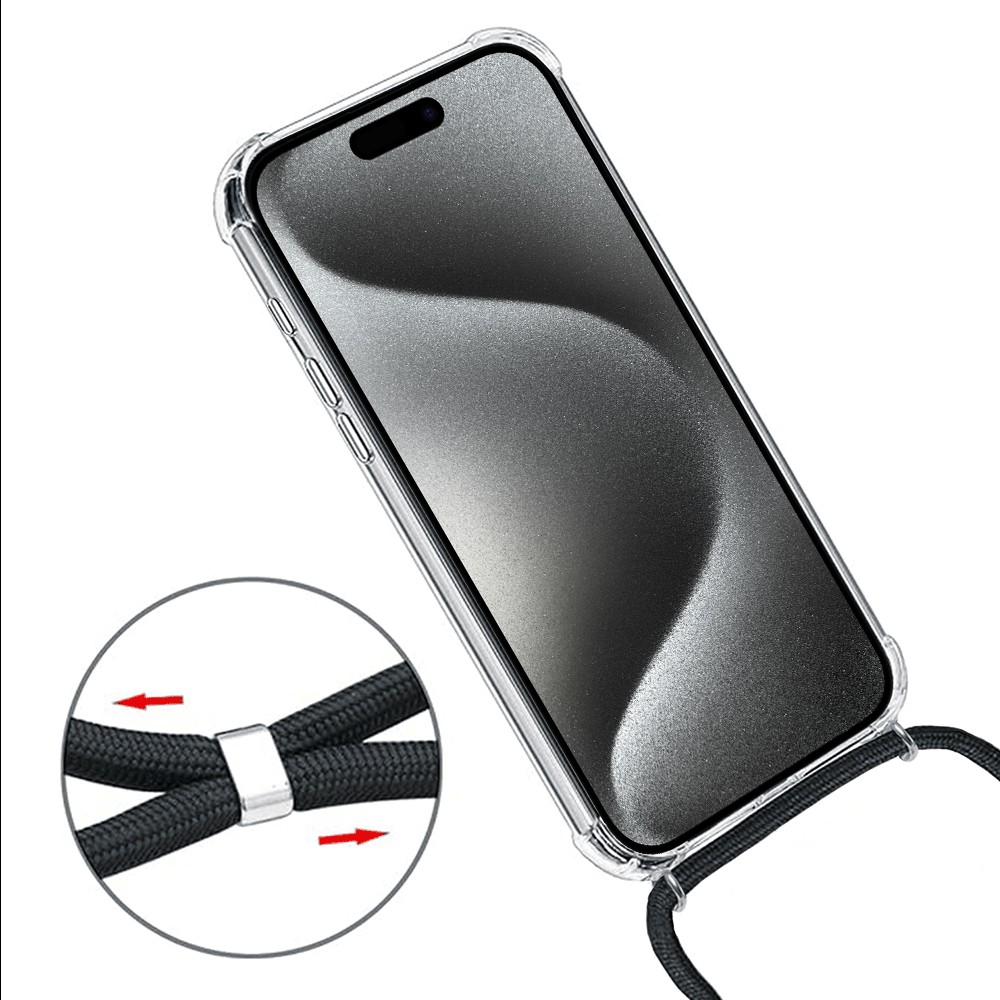 Etui do iPhone 15 Pro wzmacniane crossbody z czarną smyczą jak torebka, przeźroczyste