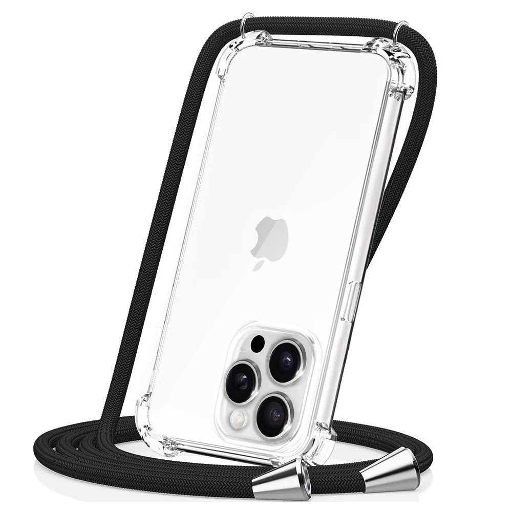 Etui do iPhone 15 Pro wzmacniane crossbody z czarną smyczą jak torebka, przeźroczyste