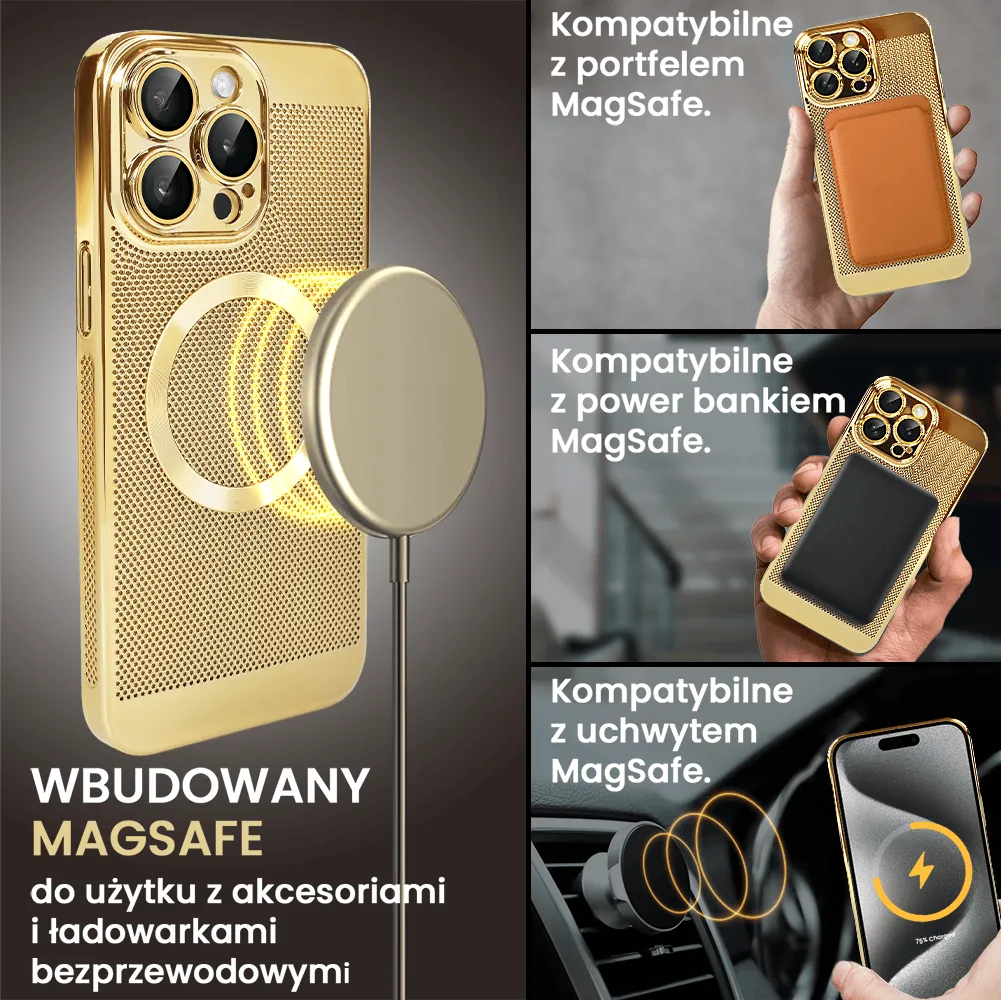 Etui do iPhone 15 Pro Max z Magsafe, cienkie, twarde, oddychające, z osłoną aparatu, złote (OUTLET)