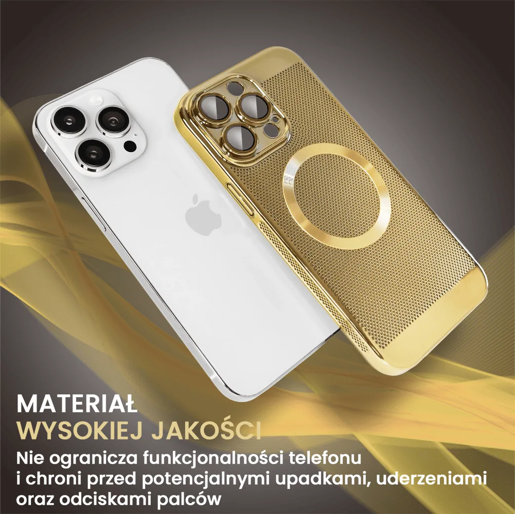 Etui do iPhone 15 Pro Max z Magsafe, cienkie, twarde, oddychające, z osłoną aparatu, złote (OUTLET)