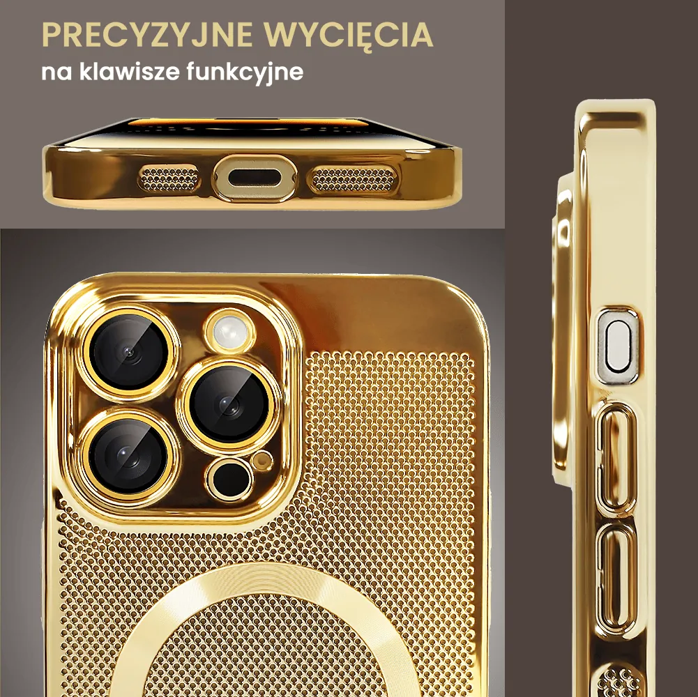 Etui do iPhone 15 Pro Max z Magsafe, cienkie, twarde, oddychające, z osłoną aparatu, złote (OUTLET)