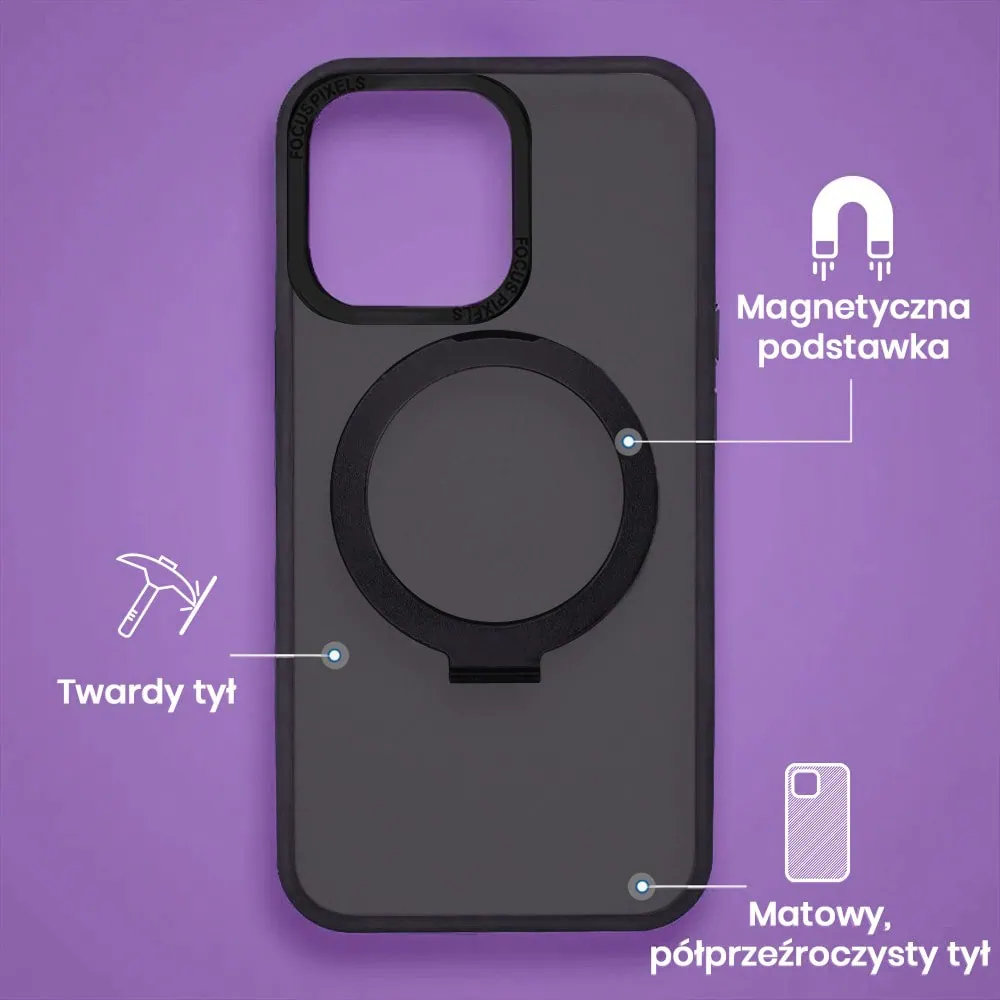Etui do iPhone 13 Pro Max Metal Cam MagSafe Stand z podstawką, twarde, półprzeźroczyste, czarne
