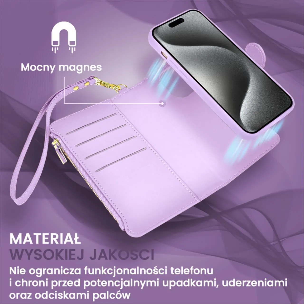 Etui do iPhone 15 Pro Max 2w1 Magsafe Double Wallet, zestaw etui oraz kabura ze smyczą, fioletowe