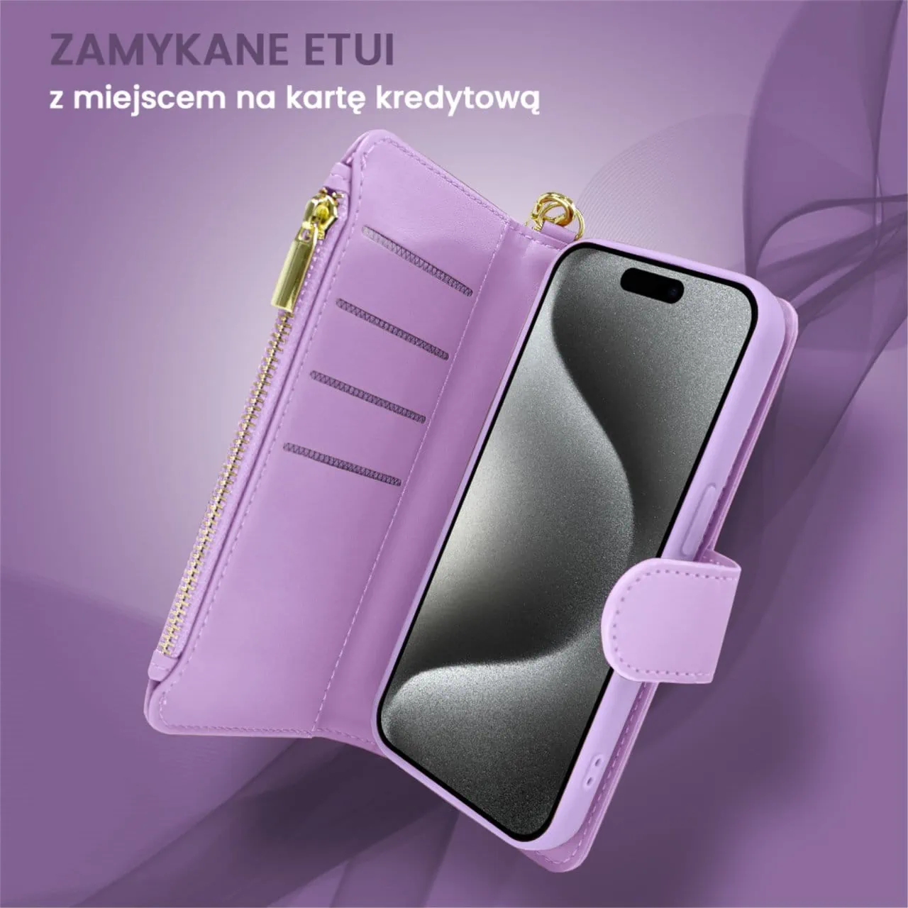 Etui do iPhone 15 Pro Max 2w1 Magsafe Double Wallet, zestaw etui oraz kabura ze smyczą, fioletowe