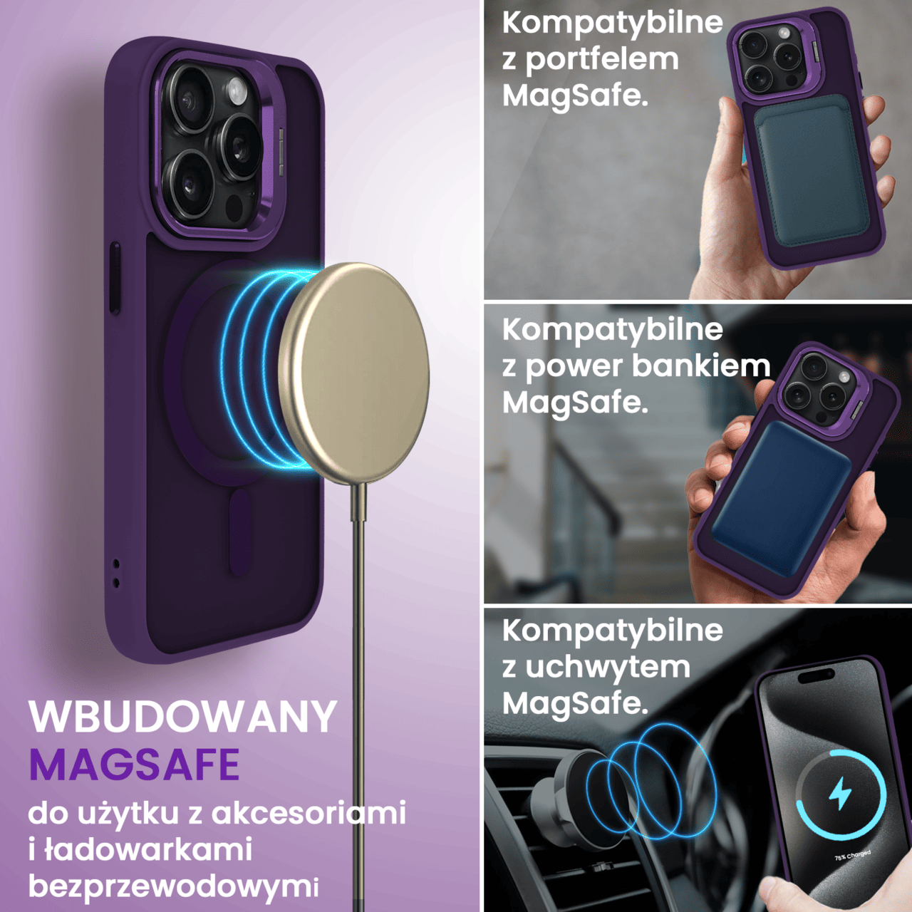 Etui do iPhone 15 Pro Max Arctic Stand, półprzeźroczyste, z osłoną aparatu i podstawką, ciemno purpurowe