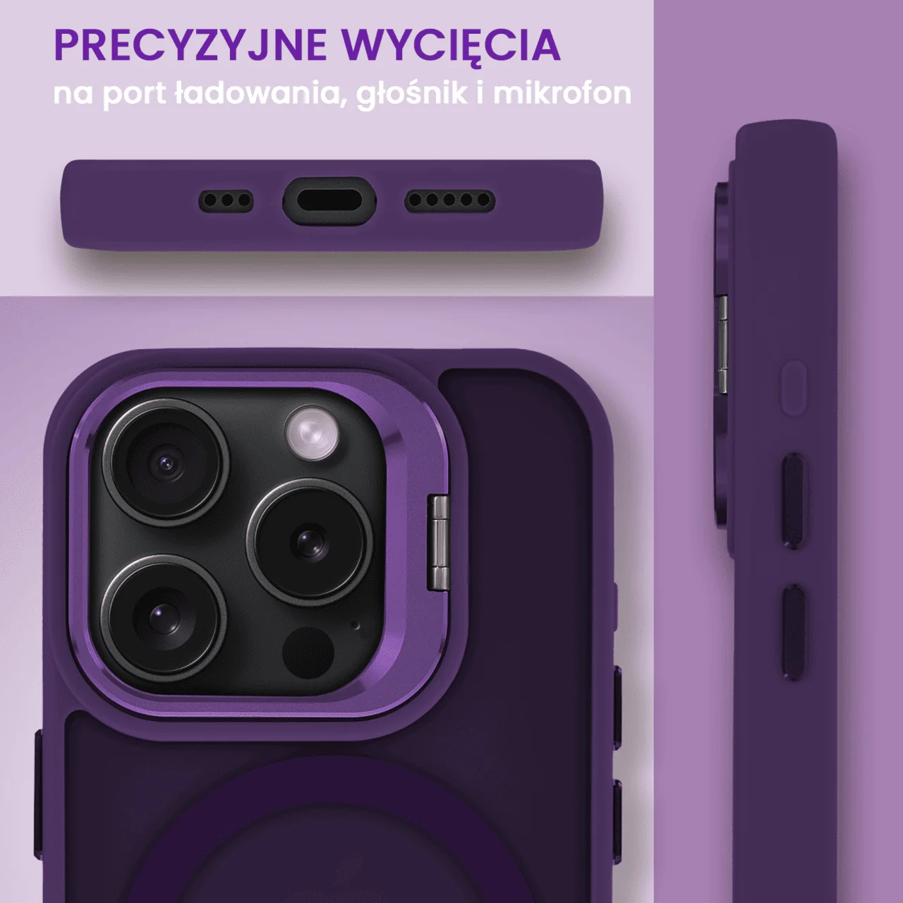 Etui do iPhone 15 Pro Max Arctic Stand, półprzeźroczyste, z osłoną aparatu i podstawką, ciemno purpurowe