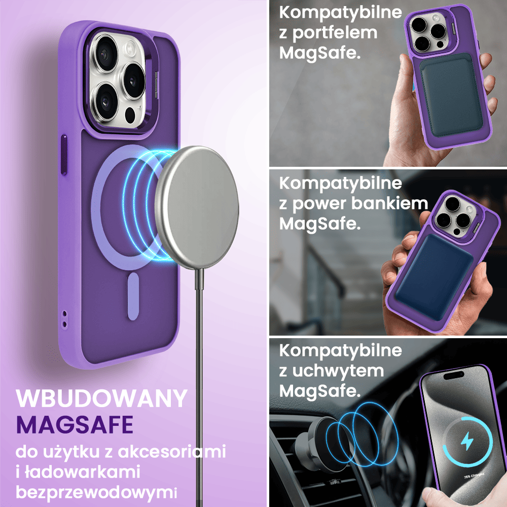 Etui do iPhone 15 Pro Max Arctic Stand, półprzeźroczyste, z osłoną aparatu i podstawką, purpurowe