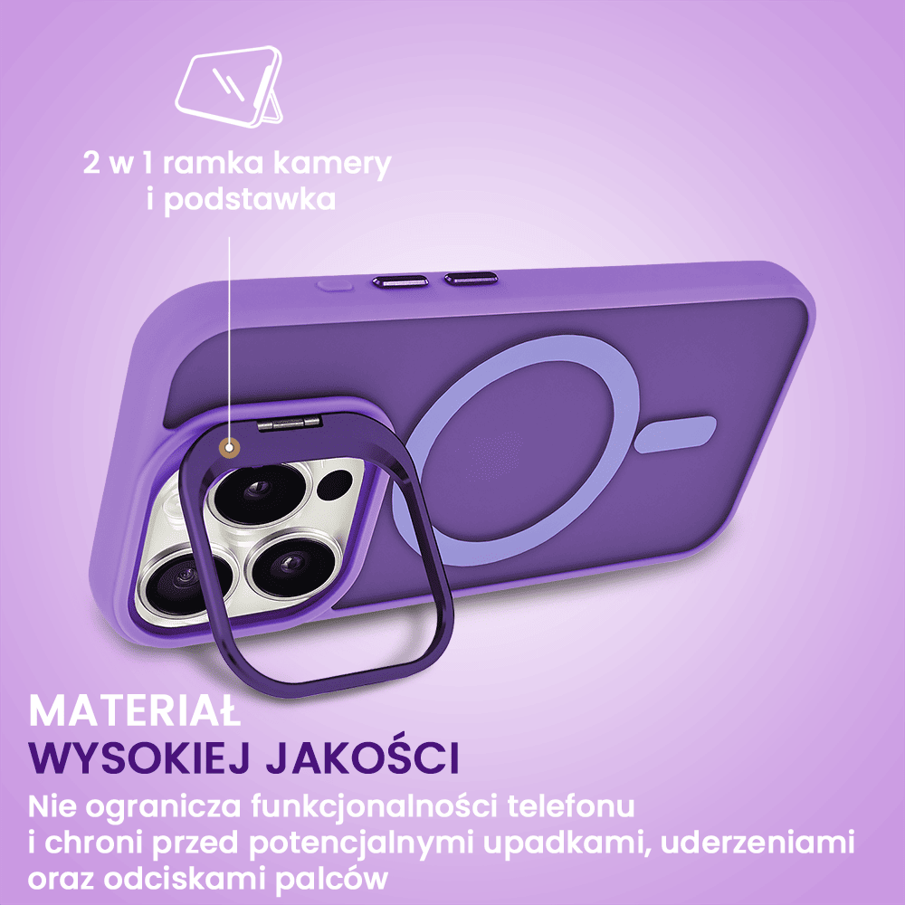 Etui do iPhone 15 Pro Max Arctic Stand, półprzeźroczyste, z osłoną aparatu i podstawką, purpurowe