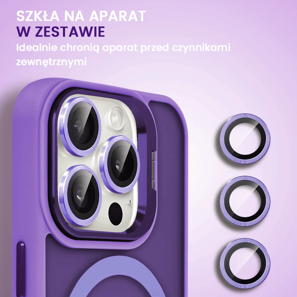 Etui do iPhone 15 Pro Max Arctic Stand, półprzeźroczyste, z osłoną aparatu i podstawką, purpurowe
