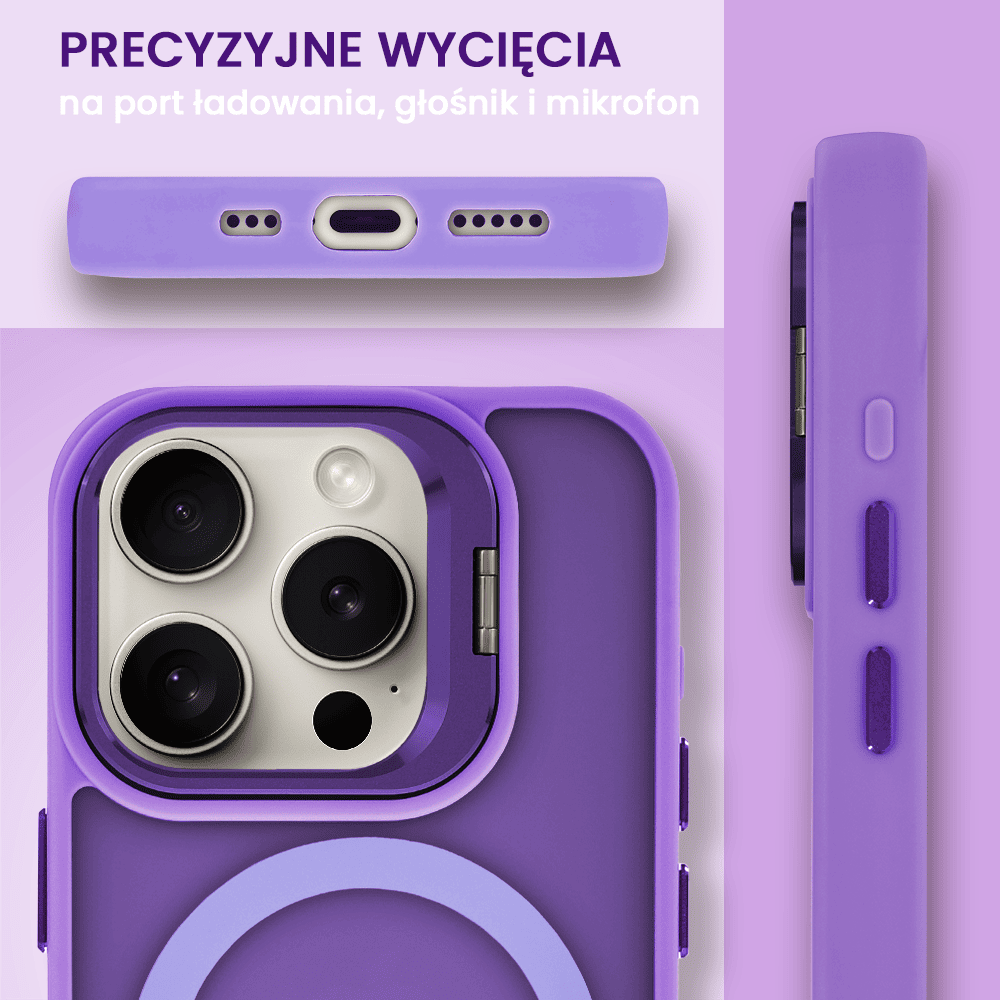 Etui do iPhone 15 Pro Max Arctic Stand, półprzeźroczyste, z osłoną aparatu i podstawką, purpurowe
