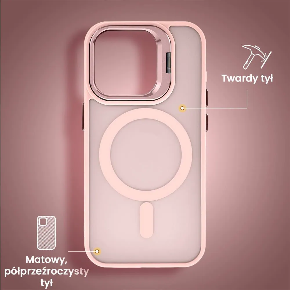 Etui do iPhone 15 Pro Max Arctic Stand, półprzeźroczyste, z osłoną aparatu i podstawką, różowe