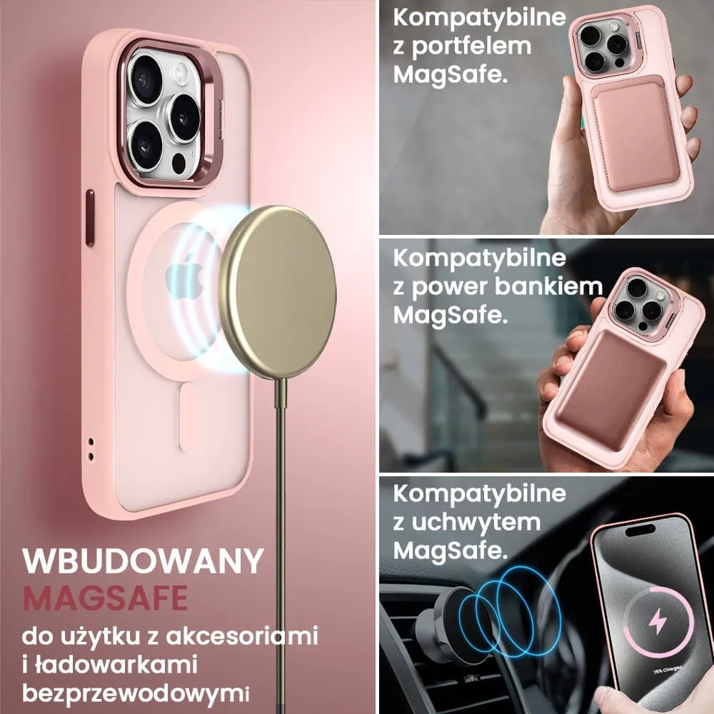 Etui do iPhone 15 Pro Max Arctic Stand, półprzeźroczyste, z osłoną aparatu i podstawką, różowe