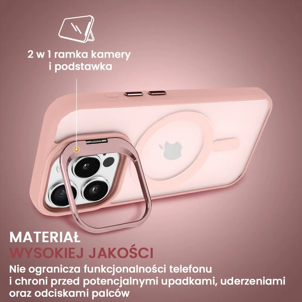 Etui do iPhone 15 Pro Max Arctic Stand, półprzeźroczyste, z osłoną aparatu i podstawką, różowe