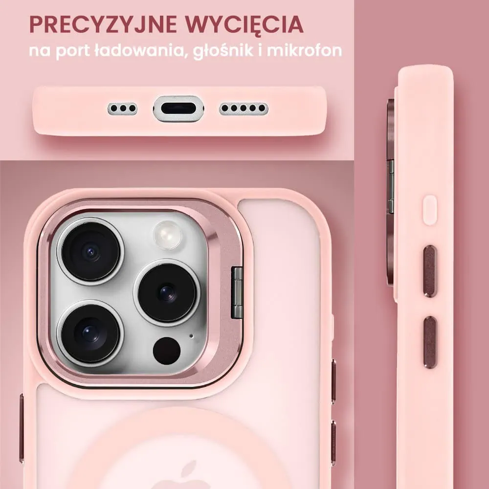 Etui do iPhone 15 Pro Max Arctic Stand, półprzeźroczyste, z osłoną aparatu i podstawką, różowe