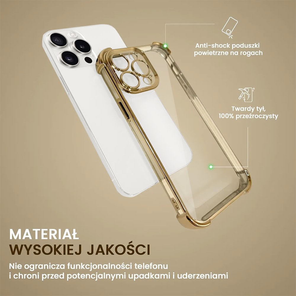 Etui do iPhone 15 Pro Max Hybrid Elegance Anti-Shock z osłoną na aparat i poduszkami, złote