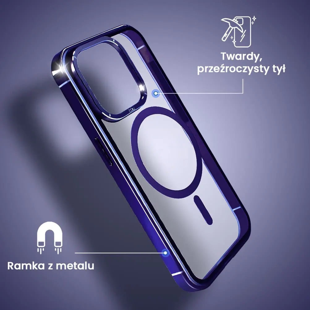 Etui do iPhone 15 Pro Max, Ibizu Elite Skin Cam Ring, krystalicznie czyste z metalową ramką, granatowe z Magsafe