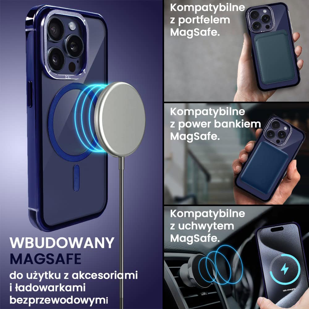 Etui do iPhone 15 Pro Max, Ibizu Elite Skin Cam Ring, krystalicznie czyste z metalową ramką, granatowe z Magsafe
