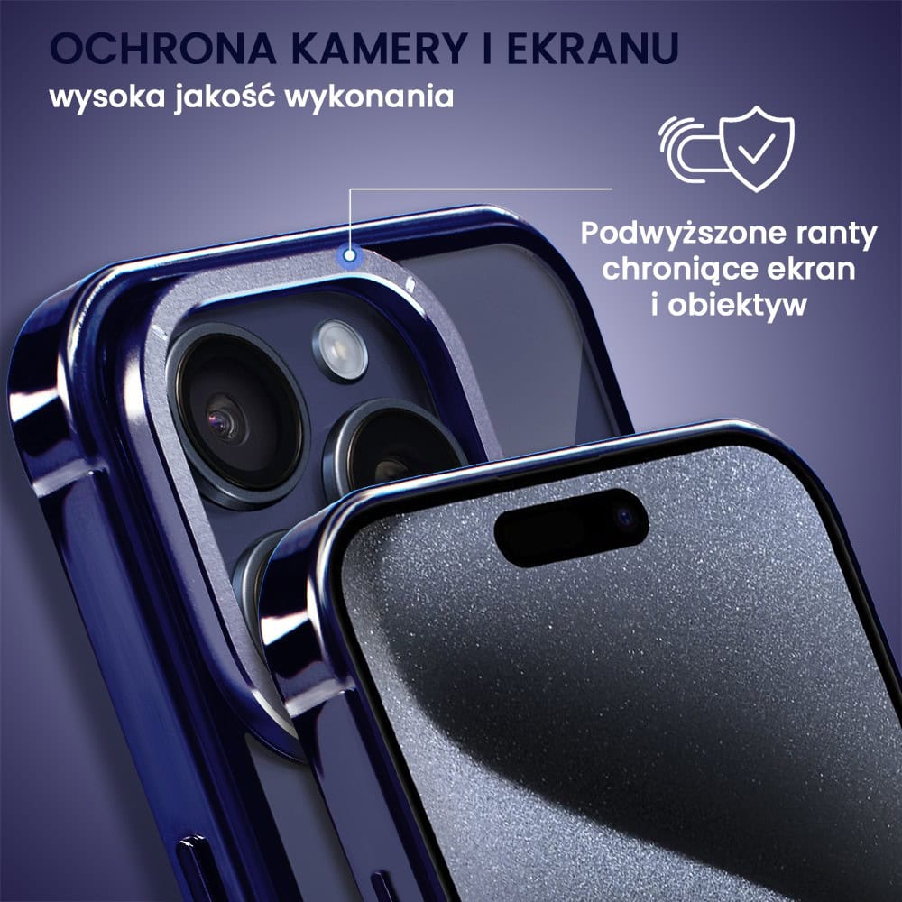 Etui do iPhone 15 Pro Max, Ibizu Elite Skin Cam Ring, krystalicznie czyste z metalową ramką, granatowe z Magsafe
