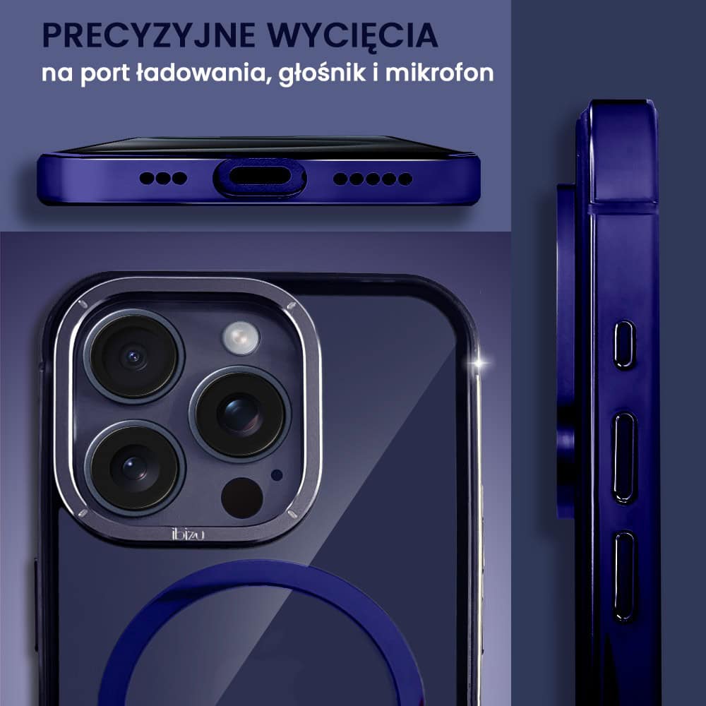 Etui do iPhone 15 Pro Max, Ibizu Elite Skin Cam Ring, krystalicznie czyste z metalową ramką, granatowe z Magsafe