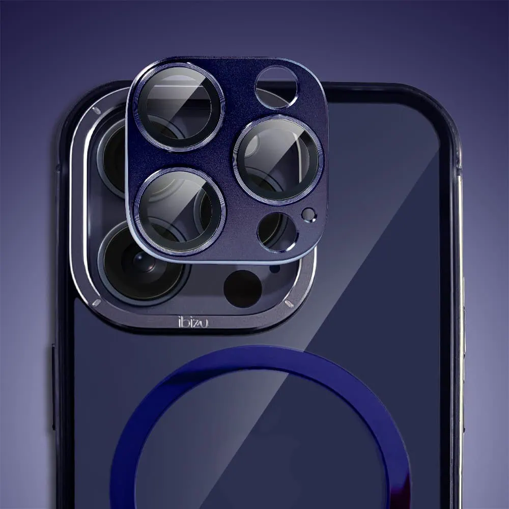 Etui do iPhone 15 Pro Max, Ibizu Elite Skin Cam Ring, krystalicznie czyste z metalową ramką, granatowe z Magsafe