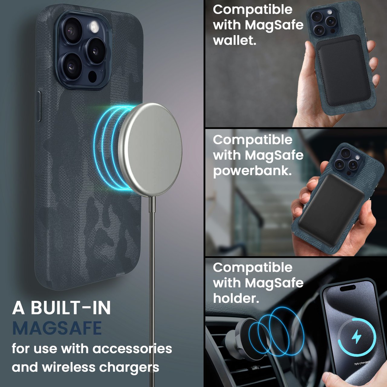 Etui do iPhone 15 Pro MagSafe Army Shell, cienkie, twarde, powleczone materiałem, granatowe