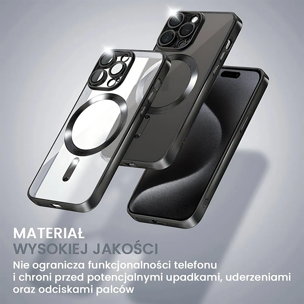 Etui do iPhone 15 Pro MagSafe Luxury Protect przeźroczyste, hybrydowa ochrona kamery, czarne (OUTLET)